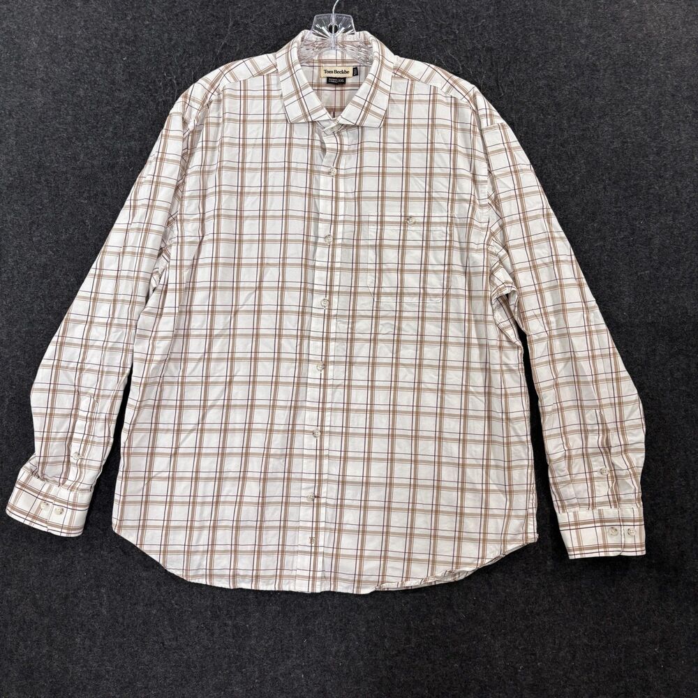 Tom Beckbe Shirt Men's XXL White Brown Plaid Cotton Tencel Long Sleeve Button Up